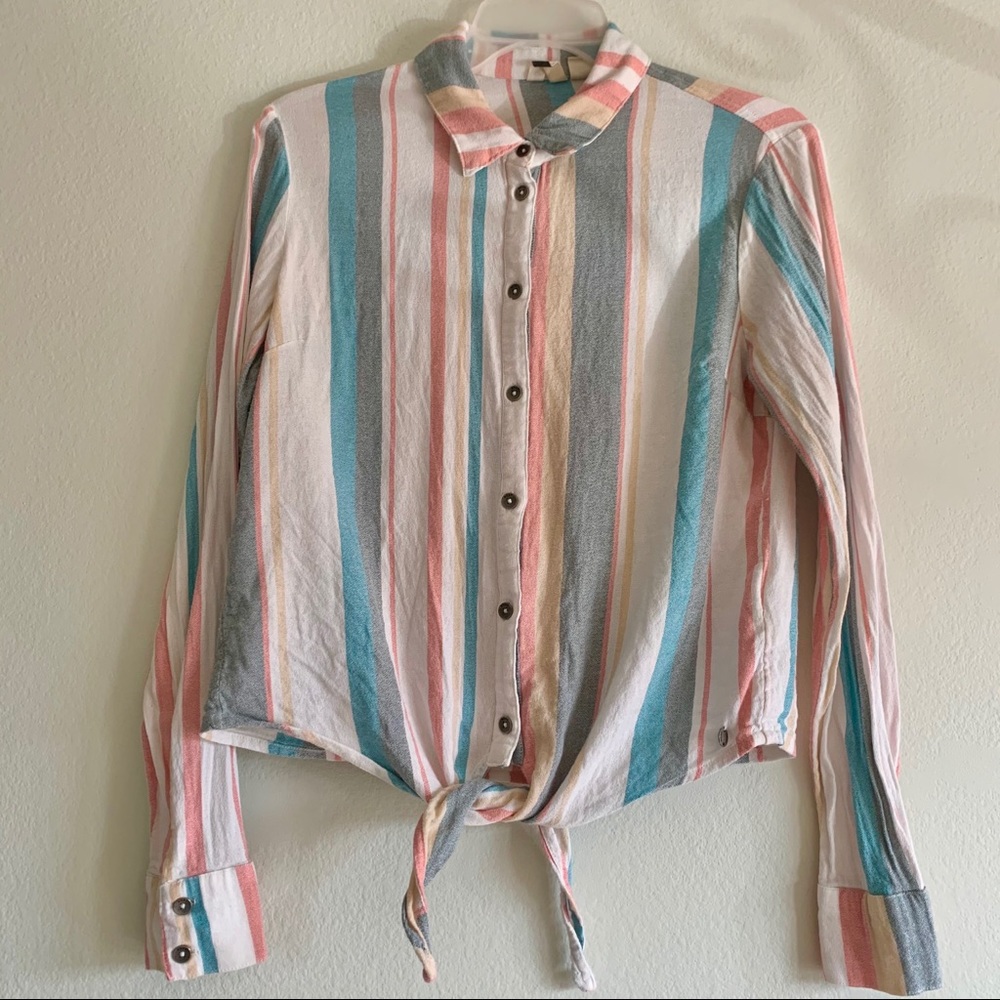 Pastel striped button down tie front long sleeve